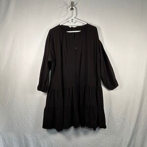 People Tree Tiered Smock Dress Womens 12 Black Henley Jersey Long Sleeve Mini
